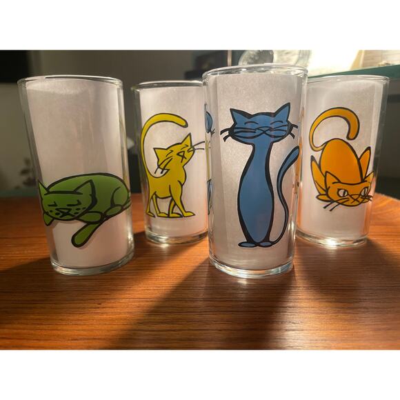 Rare Libbey Cat Juice Glasses Precidio World Market 8 oz Colorful Cats Drinkware - Picture 1 of 3